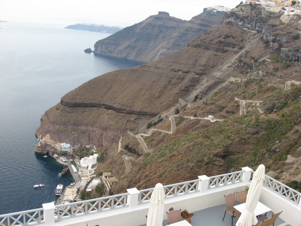 Looking down from Fira to the Old Port, you can see the switchbacks that donkeys and pedestrians use. It was hot, so we used the cable cars