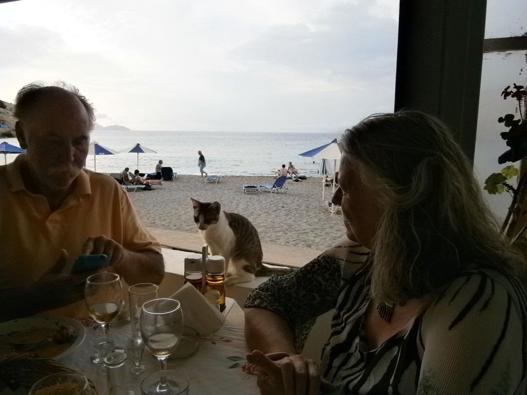 The maître d of The Lions Restaurant in Matala, Crete 