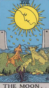 The Moon shining on two dogs, the conscious and unconscious mind, and two towers, stand ins for those two ubiquitous pillars.