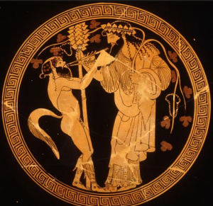 Dionysus, Greek lord of wine, ritual madness and ecstasy, death and rebirth, carried a staff tipped with a pine cone. 