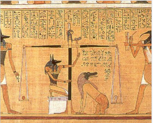 Anubis weighing the heart of the deceased. From the Papyrus of Hunefer, c. 1375 BCE