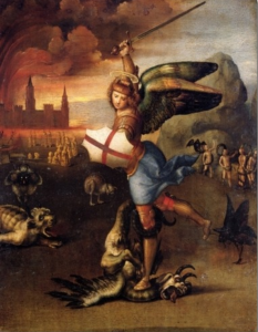 Archangel Michael carrying a white shield with a red cross, by Raphael Santi, 1483-1520.